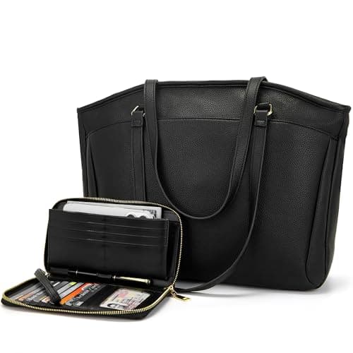 YZAOLL 15.6 Inch Laptop Tote Bag for Women,Water-resistant Vegan Leather with Anti-Scratch Padded Sleeve,Lightweight Multi-Pocket Work Bag for Business Travel,College,Office Essentials,Black - Image 1