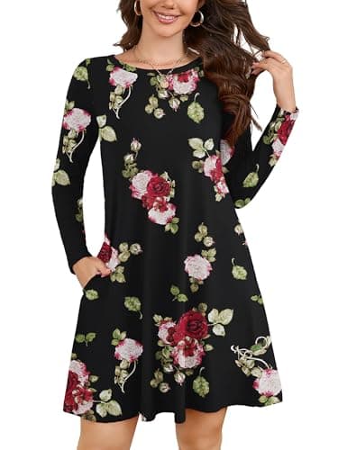 KORSIS Women Long Sleeve Tops T-Shirt Dress Round Neck Casual A-Line Loose Vocation Fall Winter Dress Whith Pockets Midnight Red Rose M - Image 1