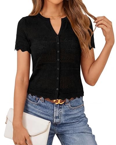 dowerme Women Summer Cardigan Sweaters 2026 Fashion Short Sleeve V Neck Crochet Crop Tops Spring Beach Vacation Clothes(Black,Small) - Image 1