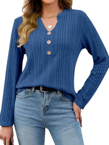 VUTRU Womens Henley Tunic Sweater Long Sleeve V Neck Fall Top Casual Loose Fit Work Blouse, Sapphire Blue M - Image 1