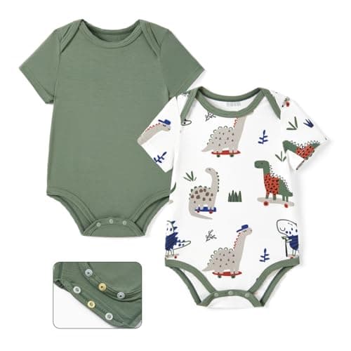 PATPAT Baby Bodysuits Supersoft Bamboo Viscose - Short Sleeve Boys and Girls - Newborn Infant Unisex Clothes - 2 Pack Jungle Dino 18-24 Months Green - Image 1
