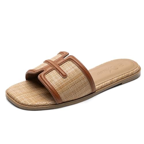 Athlefit Brown Flat Sandals for Women Raffia Comfortable Square Open Toe Slip On Beach Casual Slide Sandals Size 6 - Image 1