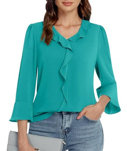 Funlingo Womens 3/4 Sleeve Tops Casual Tunic Blouse Dressy Casual V Neck Trendy Loose Fit Ruffle Shirts Office Clothing Viriaian Green XXL - Image 1