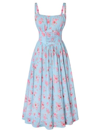 Scarlet Darkness Floral Dress for Women 2026 Corset Milkmaid Dresses Casual Summer Sundress with Pockets Blue Pink 2XL - Image 1