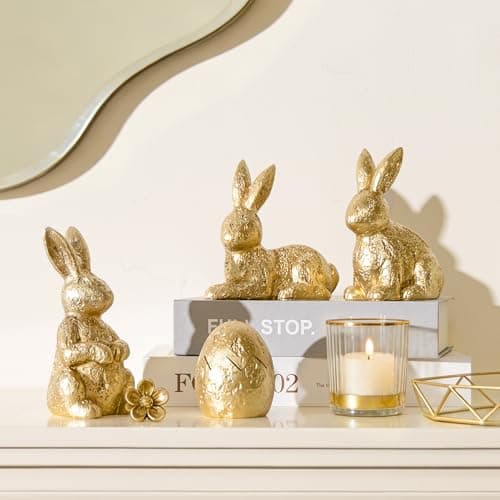 Gleemoria Easter Bunny Decorations for Home – 4 Pieces Resin Gold Bunny & Egg Figurines Set, Gold Decor for Tabletop Display & Home Decorations, Vintage Easter Rabbit Statue - Image 1