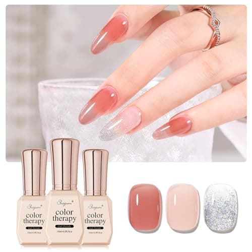 SHOYUM Jelly Nude Gel Nail Polish Set, 3 Colors 15ml Maple Leaves Silvery White Glitter, Sheer Soak Off UV Gel Polish Kit, Crystal Flash - Image 1