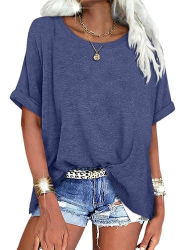 UNCLECAT Womens Oversized Round Neck Shirts Summer Casual Loose Tops 2026 Short Sleeve Workout T-Shirts Navy - Image 1