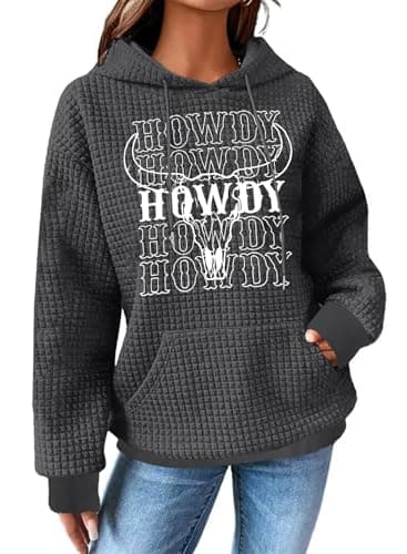 SUPEYA Western Sweatshirts for Women Cow Skull Western Hoodies Cowgirl Country Concert Outfits Waffle Knit Howdy Pullover Top - Image 1