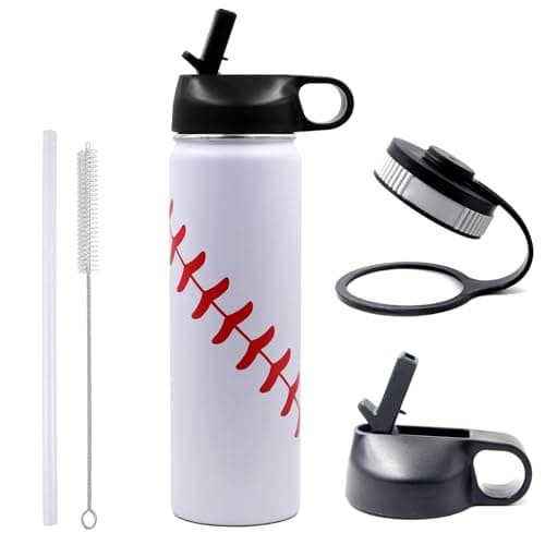 22 oz Baseball Water Bottle, Stainless Steel Vacuum Insulated Water Bottle with Straw and 2 Lids, Double Wall Leakproof Sports Flask, Baseball Gifts for Boys, Kids, Coach, Players