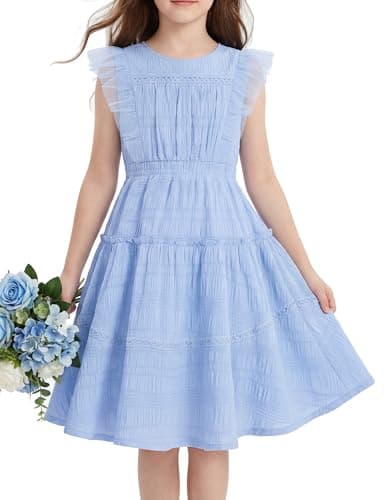 GRACE KARIN Girls Sleeveless Summer Dress, Ruffle Tiered Easter Spring Party Dresses for Little Kids Size 7,Light Blue