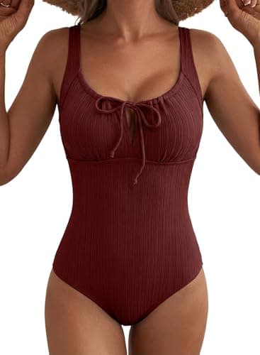 Aleumdr Women's Textured Swimsuits Tie Knot Tummy Control One Piece Swimwear Modest Vintage Bathing Suits with Cutout Burgundy Red Medium - Image 1