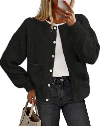 MEROKEETY Women's Long Sleeve Knit Cardigan Sweaters 2025 Fall Crewneck Button Open Front Jackets with Pockets, Black, X-Large - Image 1