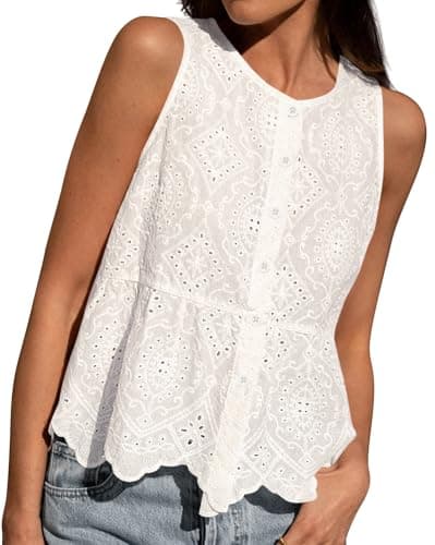 BTFBM Womens Tank Tops 2026 Summer Casual Sleeveless Button Down Shirts Embroidered Eyelet Blouse Beach Vacation Clothes(White, Large) - Image 1