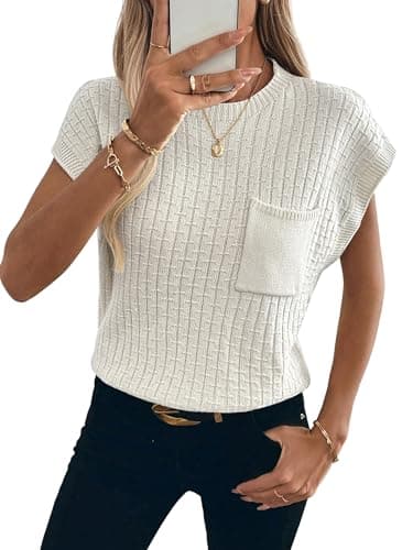 RICHSTORY Womens Spring Fashion 2026 Casual Sleeveless Round Neck Sweater Vest Loose Summer Cap Sleeve Ribbed Knit Pullover Sweaters Tops White Large - Image 1