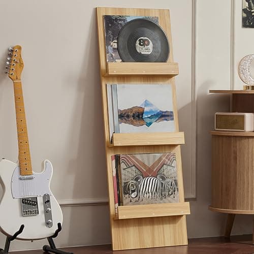 LELELINKY Wall-Leaning Vinyl Record Holder with 3 Tier Display Shelf, 47.5'' Tall Record Storage Magazine Holder, Vinlys Stand Rack Holds Up to 30 Vinyls Albums/CD for Living Room, Natural - Image 1