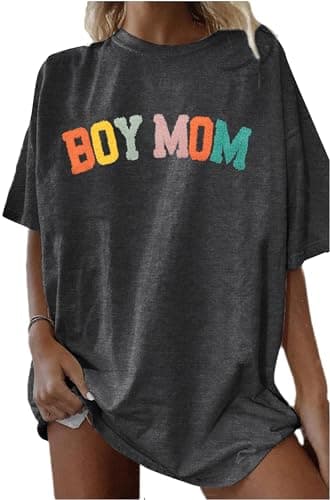 Oversized Mama Tshirt Women Boy Mom Shirt Mom Lift T-Shirt Gift for Mom Glitter Patch Shirt Causal Crew Neck Tops Dark Grey - Image 1