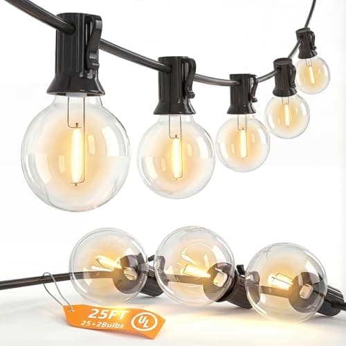 SUNSGNE G40 LED Globe Outdoor String Lights Waterproof Shatterproof, 25FT Outdoor Globe Lights with 25 LED Plastic Clear Light for Café Bistro Porch Pergola Tents Balcony Decor, Black Wire - Image 1