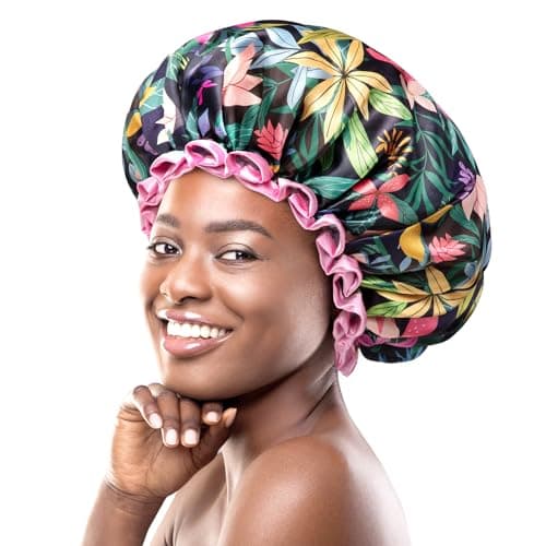 mikimini Large Shower Cap for Women Long Hair, Rainforest Bath Shower Caps with Pink Lace, Reusable Waterproof Shower Hat for Girls - Image 1