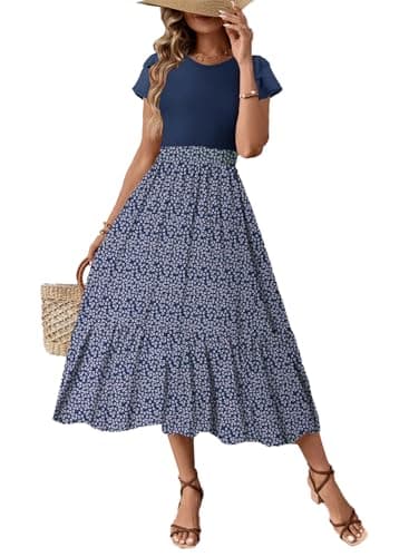 Dokotoo Womens Summer Dresses with Pockets - Crewneck Ruffle Floral Print Casual Plus Size Dress - A-Line Maxi Dress - Image 1