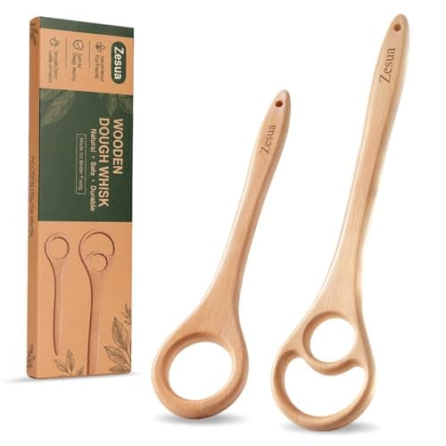 Set of 2 Wooden Dough Whisk, 13'' and 9.8'' One-Piece Solid Beech Wood Danish Dough Whisk for Sourdough, Bread, Pizza Pastry Mixing, Easy Clean Wooden Dough Mixer for Baking - Image 1