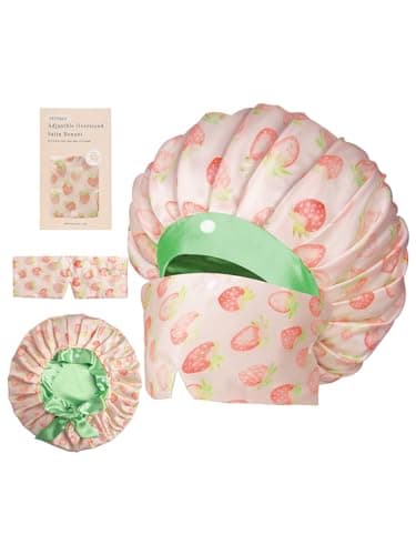 Vettres Pleated Silk Sleeping Bonnet with Eye Mask Double Layer Satin Hair Bonnets Sleep Cap for Curly Natural Hair Pink Green Strawberries - Image 1