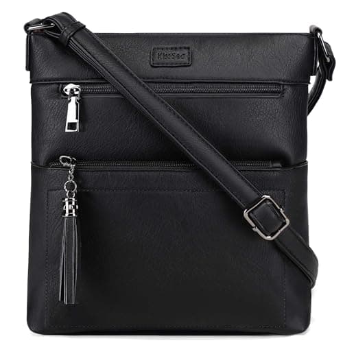 Kiss Sea Crossbody Bags for Women Leather Travel Crossbody Purse with Tassel and Adjustable Strap Black - Image 1