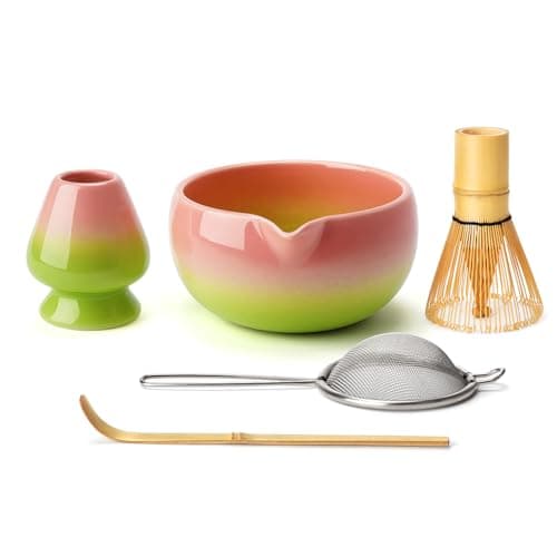 Joiish Matcha Whisk Set, Gradient Matcha Kit, Ceramic Bowl with Spout (18oz), Bamboo Whisk, Stainless Sifter, Scoop & Chasen Holder, 5-PC Complete Macha Tea Ceremony Tools (Pink-Green) - Image 1