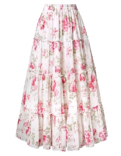 Scarlet Darkness Floral Maxi Long Skirts for Women Summer 2026 Tiered Skirt Flowy Boho Fairy Skirt with Pockets Pink White Floral XL - Image 1