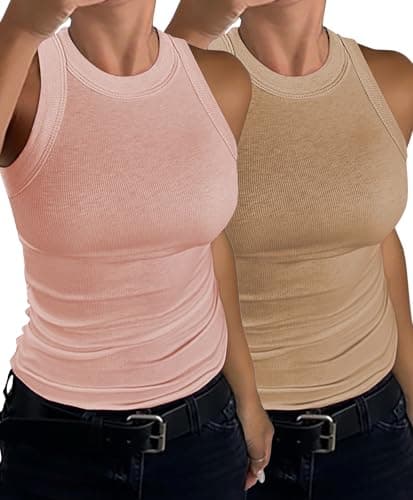 C.O.Z.Y Womens Tank Tops 2 Pack Ribbed Racerback Top Summer High Neck Sleeveless Shirts Slim Fit - Image 1