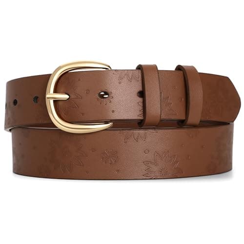 WHIPPY Women Leather Belt with Gold Buckle Fashion Laides Casual Waist Belt for Jeans Pants Dresses, Brown, L - Image 1