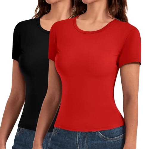 Leafigure 2 Pack Womens Basic T Shirts, Crewneck Slim Fit Tees Short Sleeve Tops for Casual Summer Outfits 2026 Black/Red Small - Image 1