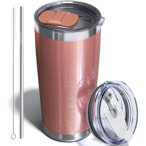UIRZOTN Travel Coffee Tumbler 20oz, 1 Pack Travel Coffee Mug with Dual Lids and Straw, Stainless Steel Double Wall Vacuum Insulated Tumbler for Hot/Iced Drinks, Rose Gold - Image 1