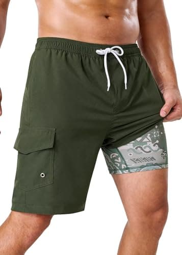 SILKWORLD Mens Swim Trunks with Compression Liner Beach Short Stretch Bathing Suit Quick Dry Swimming Trunks Swimsuit, Army Green Totem, Small - Image 1
