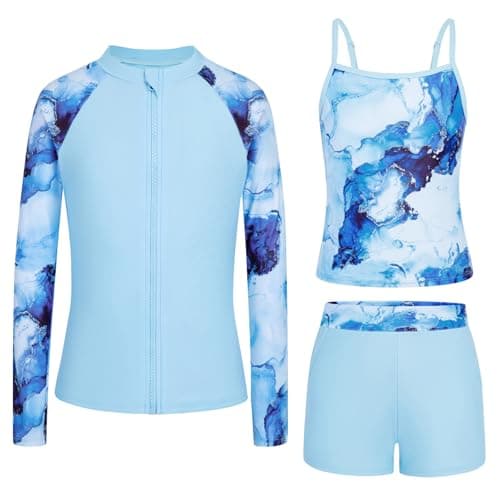 Seanrui Girls Long Sleeve Swimsuit Teens Modest Bathing Suits Zip Up 3 Piece Swimwear with Shorts Light Blue (13-14Y) - Image 1