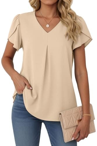 Lepunuo Womens Blouses Dressy Casual Trendy Summer Tops 2026 Formal Boho Cap Sleeve V Neck Shirts A - Khaki - Image 1