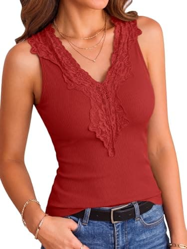 Humordream Lace Camisole Tank Tops for Women Sexy Deep V Neck Ribbed Knit Top Sleeveless Concert Outfits Shirts Red - Image 1