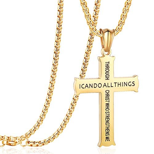 Rehoboth Stainless Steel Cross Pendant Necklaces for Men Women Philippians 4:13 Strength Bible Verse I CAN DO ALL THINGS 24 Chain Inch Gold - Image 1