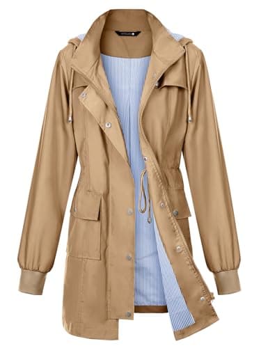 PITINAN Long Rain Coat for Women Waterproof Plus Size Rain Jacket Light Portable Women Rain Coats Waterproof With Hood Khaki XXL - Image 1