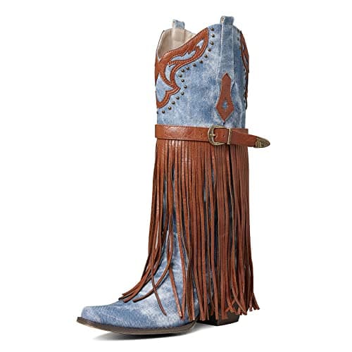 SaraIris Women's Western Boots Mid Calf Boots Buckle Strap Cowgirl Boots Chunky Heel Fashion Pointed Toe Knee High Embroidered Boots Pull On Fringe Boots for Women - Image 1