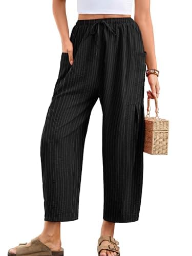 Heymoments Women's Wide Leg Lounge Pants Black Stripe Small Lightweight Drawstring High Waisted Paper Bag Flowy Dress Loose Vacation Comfy Summer Beach Palazzo Harem Casual Trousers with Pockets - Image 1