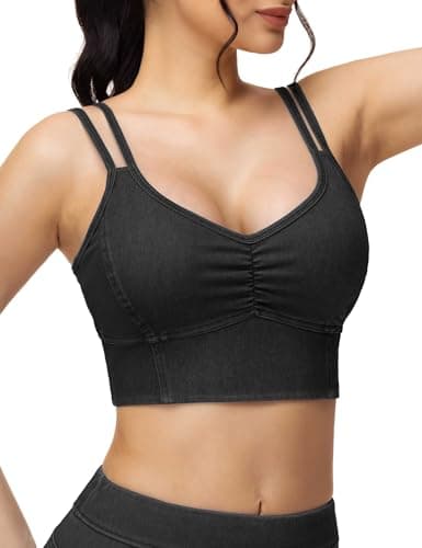 THE GYM PEOPLE Women's Denim Crop Tops V-Neck Padded Strappy Jean Camisole - Image 1