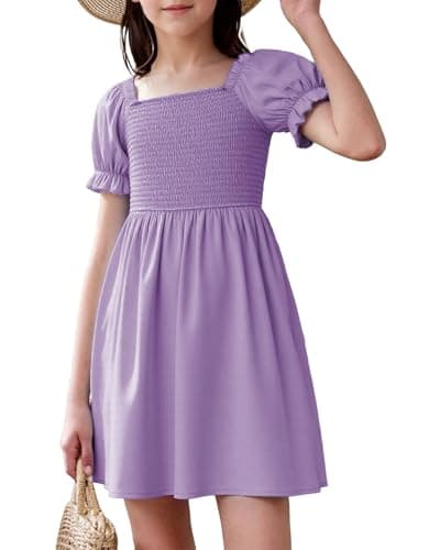 JiAmy Girls Dress Summer Boho Short Ruffled Puff Sleeve Smocked Midi A Line Party Dresses Purple 13-14 Years - Image 1