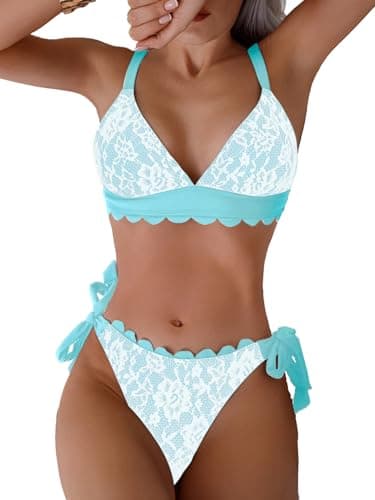 WODECASA Women's V Neck Triangle Bikini Sets Scalloped Trim Lace Two Piece Swimsuit Tie Side High Cut Thong Bathing Suit 2026 - Image 1