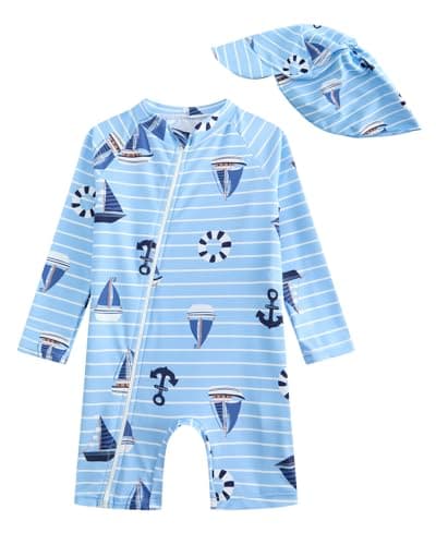 DivingBirds Baby Boy Rash Guard Swimsuit Set with Sun Hat - Long Sleeve Zip One Piece Toddler Bathing Suit for Beach & Pool,Pirate Ship,2-3T - Image 1