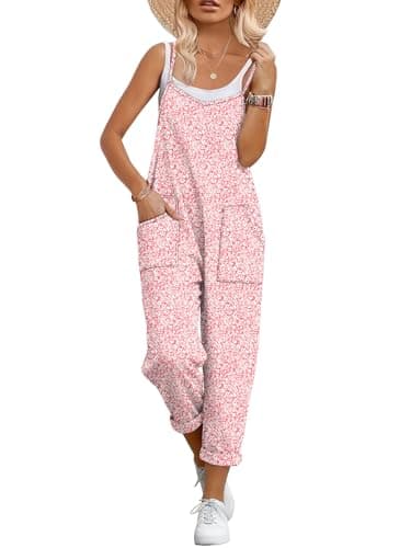 ANRABESS Women Jumpsuits Casual Summer Overalls Loose Spaghetti Strap Romper Jumpers with Pockets 2026 Beach Vacation Clothes Pink Floral XX-Large - Image 1