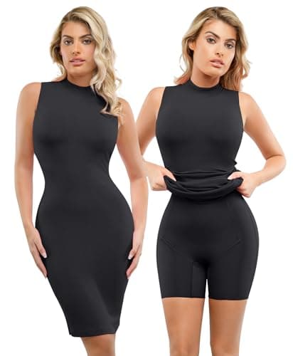 Popilush Shapewear Dress Midi Bodycon - Mock Neck Built in Shapewear Bra 9 in 1 Sleeveless Slip Dress for Women Black - Image 1
