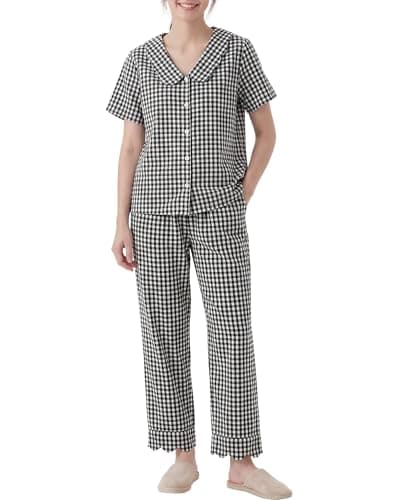 Bgylu Womens 100% Cotton Gingham Pajama Set 2 Piece Babydoll Sleepwear Short Sleeve Ruffle V Neck Button Top and Pants Cute Cozy Lounge Y2k PJs Black - Image 1
