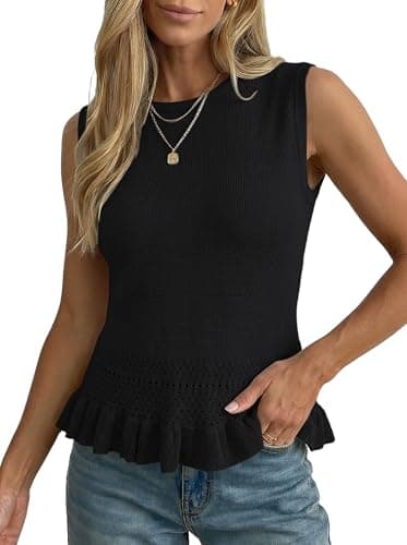 LaGracia Cropped Sweaters for Women Sleeveless Crochet Tank Tops Babydoll Sweater Vest Summer Lightweight Crop Tops Vacation Outfits Black XL - Image 1
