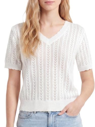 Womens Summer Tops Knit Short Sleeve Sweater V Neck Hollow Out Crochet Tops - Image 1