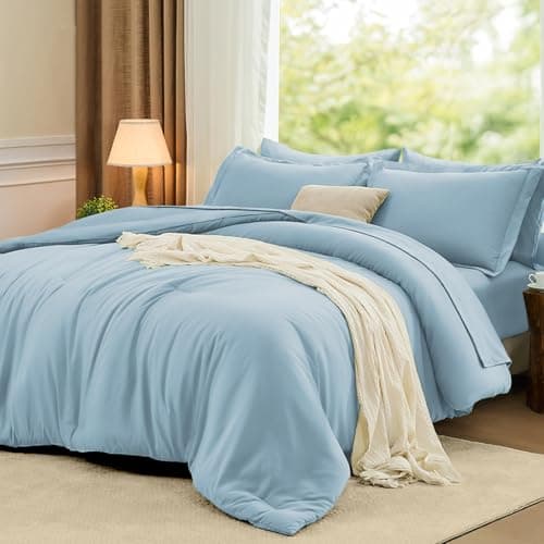 FUANNA Queen Comforter Set Light Blue, 7 Pieces Soft Bedding Sets Queen Size, All Season Lightweight Bed in a Bag with Comforter, Flat Sheet, Fitted Sheet, Pillowcases & Shams - Image 1